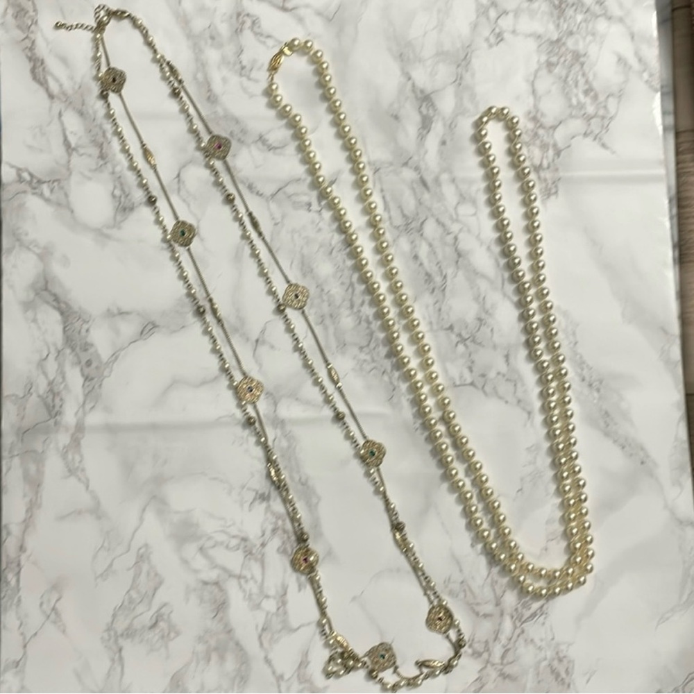 2 long necklaces - faux pearl and gold tone